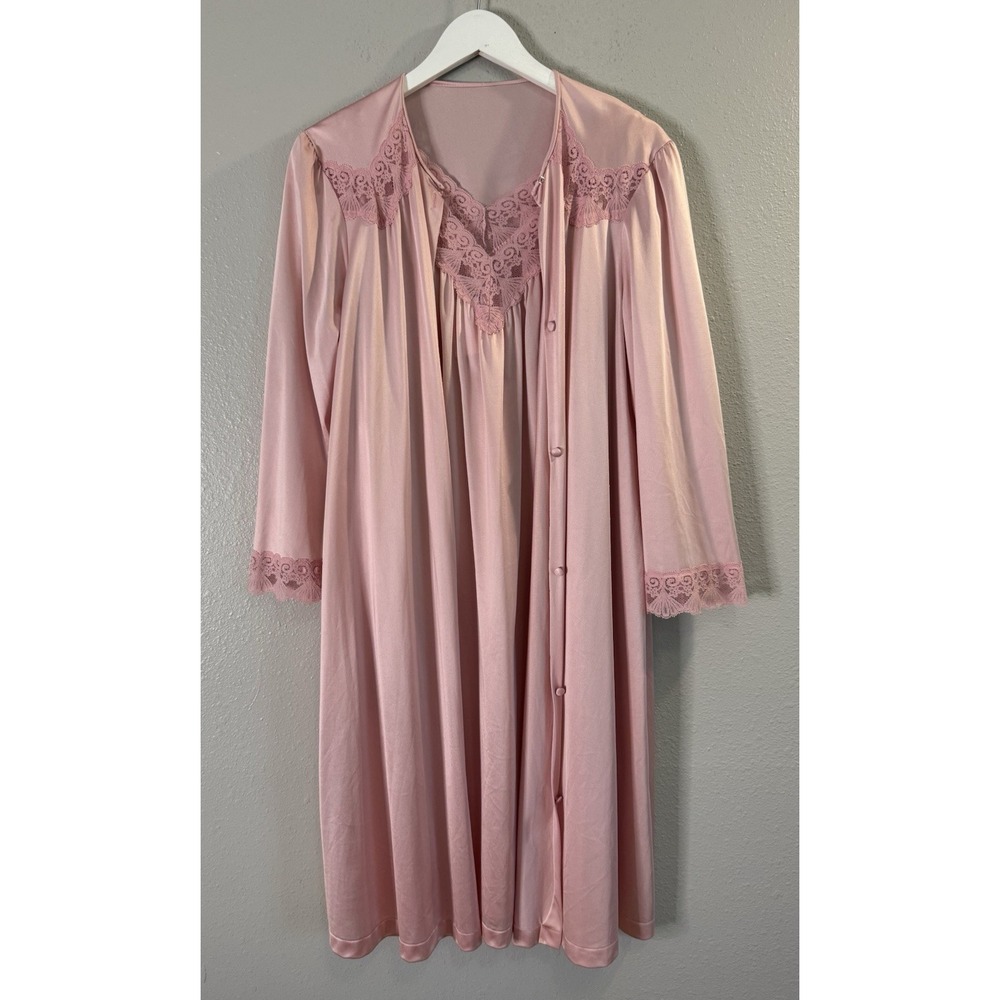 Vintage 70s Vanity Fair Pink Antron III Peignoir Nightgown Set Old Hollywood M